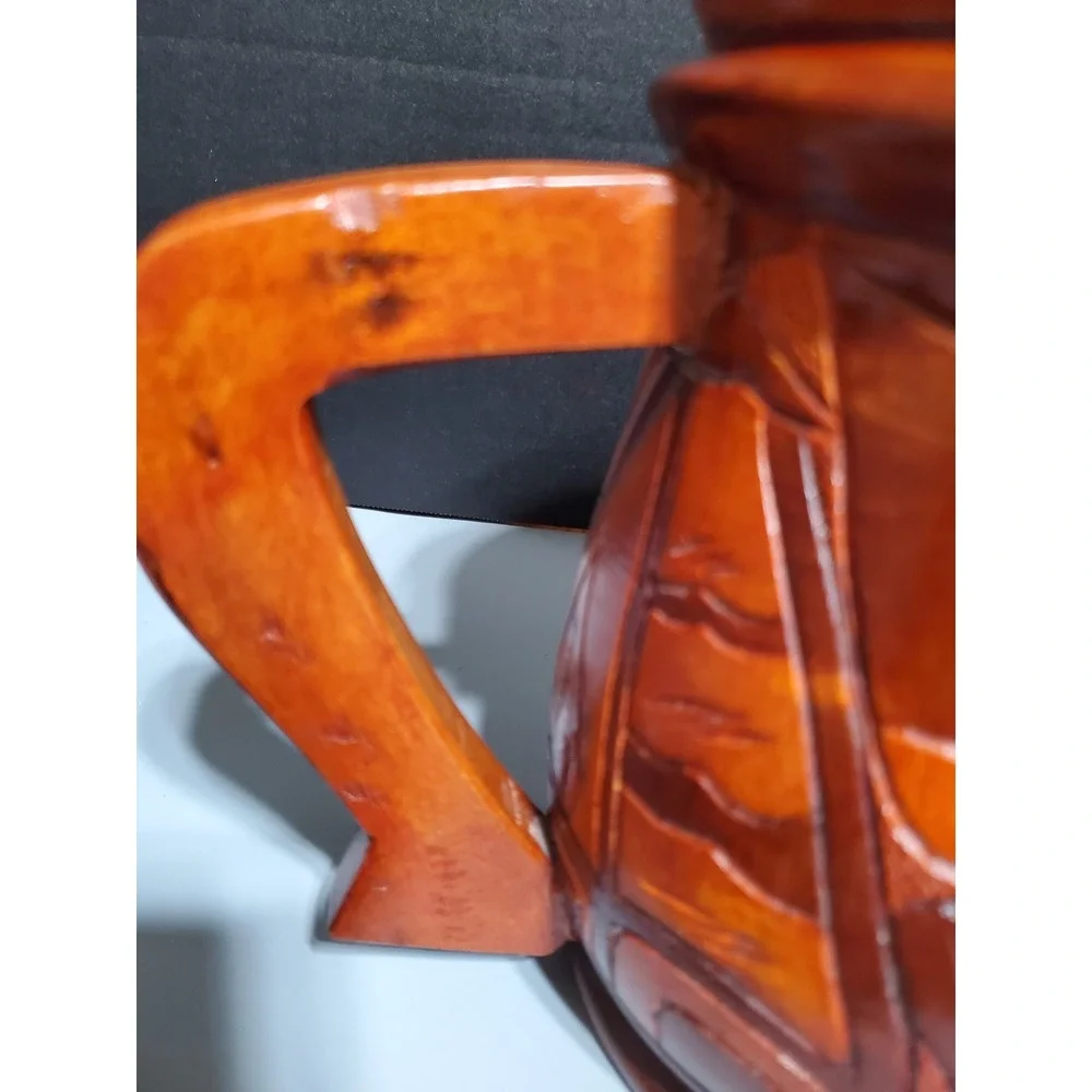 Hand‎ Carved Wood Teapot with Lid Rustic Floral Design Decorative Accent Piece